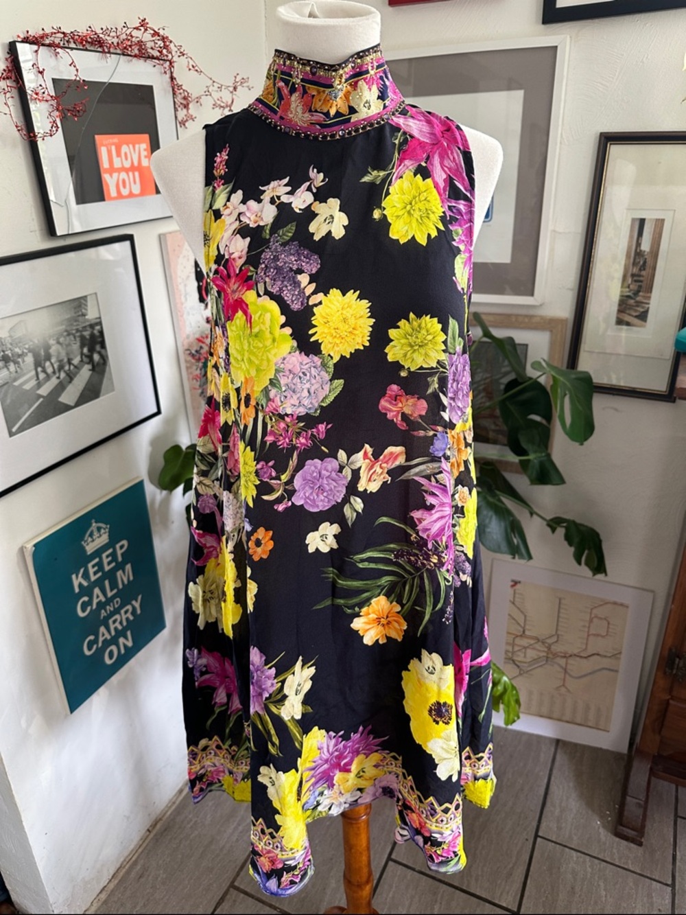 Camilla 100% silk Black Floral Tie-Neck Mini Dress with Yellow & Purple Blooms